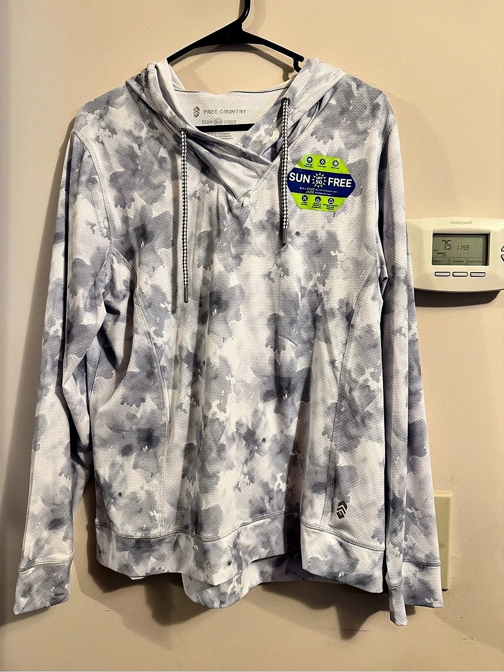 Free Country Women's SunFree UPF Hoodie Tie-Dye Gray & White Medium